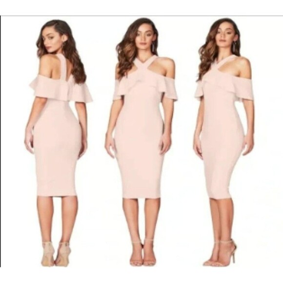 Nookie Sheath Dress Womens Large Blush Hermosa Midi Halter Over Bust Frill - Picture 2 of 10